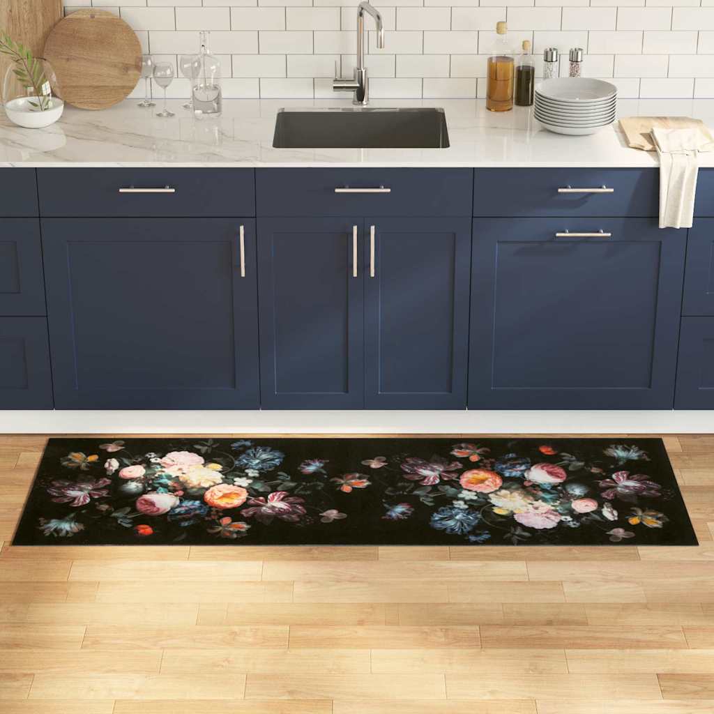 Tapete de Cozinha Floral Preto 180 x 60 cm Veludo