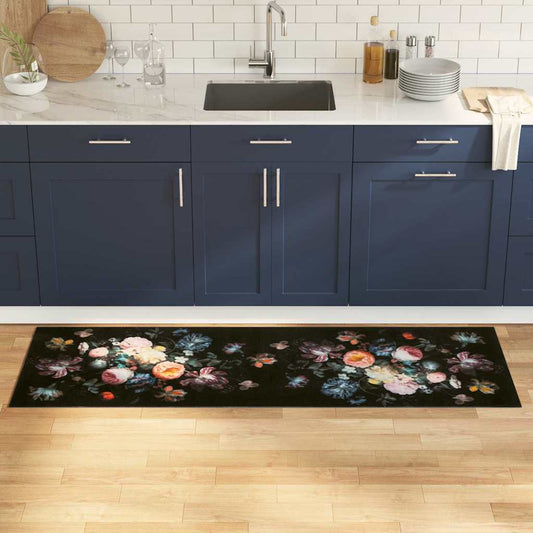 Tapete de Cozinha Floral Preto 180 x 60 cm Veludo