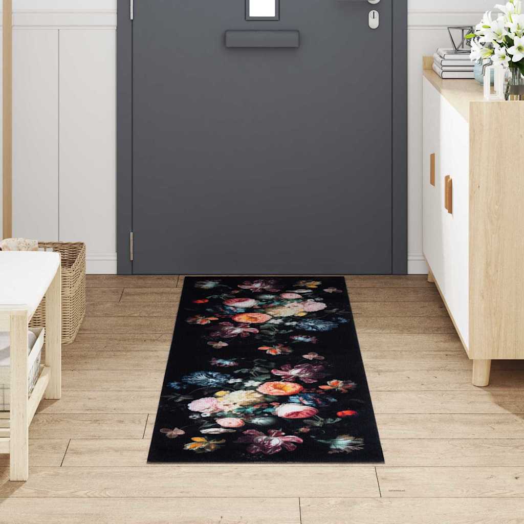 Tapete de Cozinha Floral Preto 180 x 60 cm Veludo