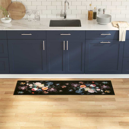Tapete de Cozinha Floral Preto 150 x 45 cm Veludo