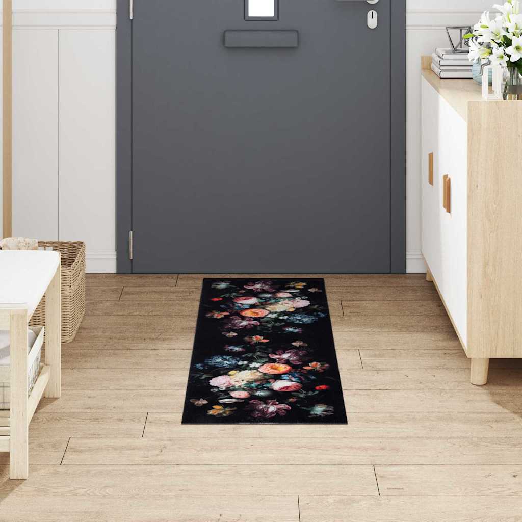 Tapete de Cozinha Floral Preto 150 x 45 cm Veludo