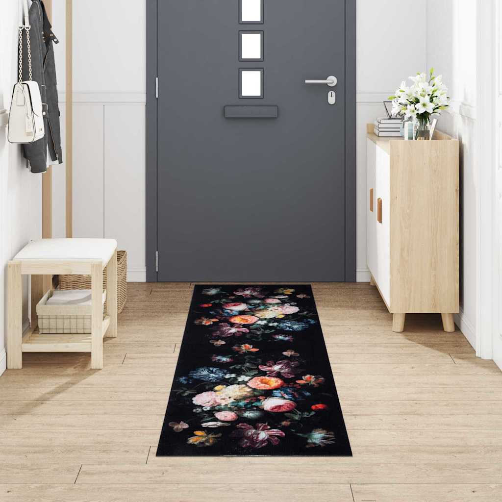 Tapete de Cozinha Floral Preto 300 x 60 cm Veludo