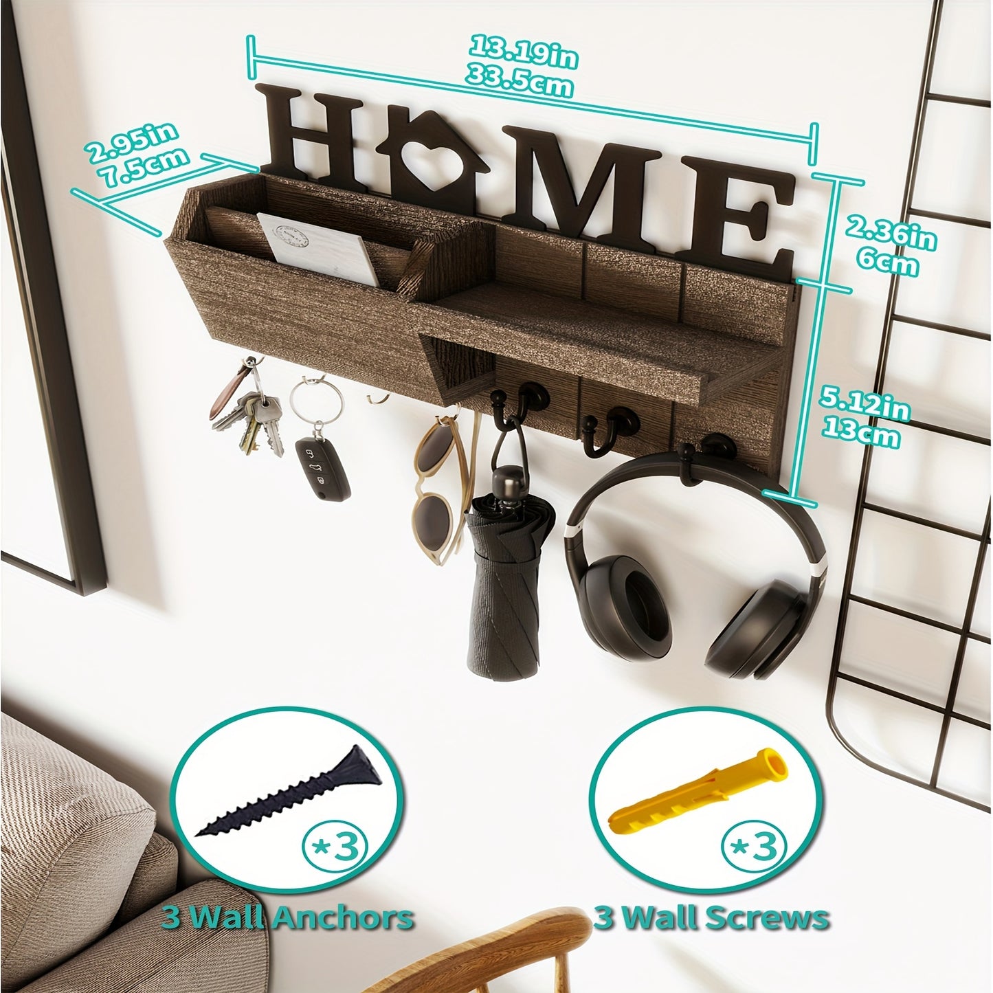 Rustic wall organizer in solid white birch wood